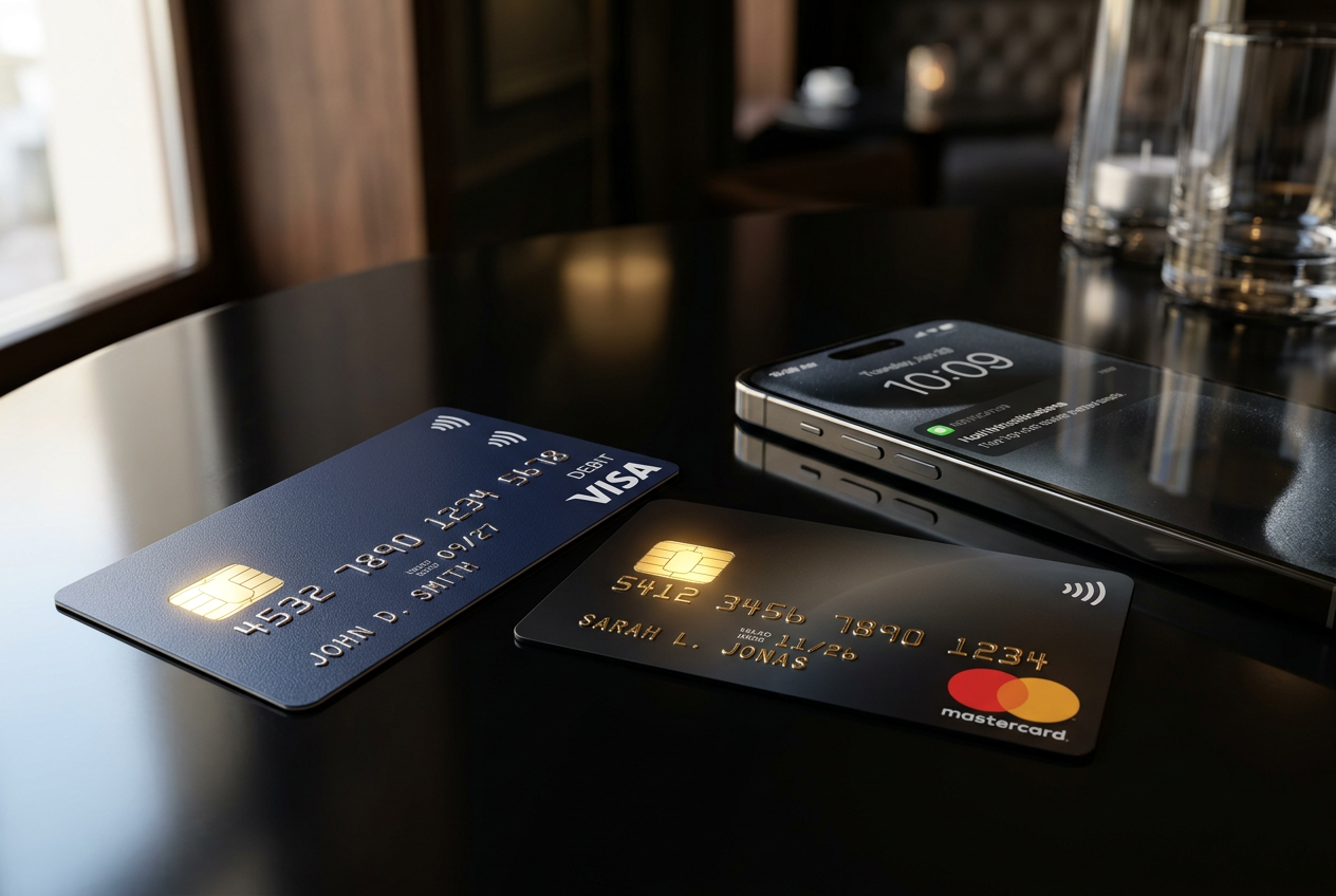 Premium Visa and Mastercard cards on a desk
